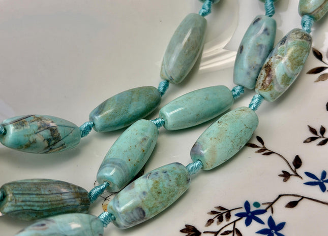 3 Pieces 13x29mm Natural Dragon Skin Agate Gemstone Smooth Barrel Shape Blue Green Brown Color Agate Large 2.0mm Hole #4813