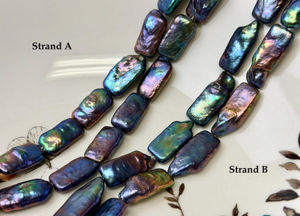 9-10x16-24mm AAA Rainbow Peacock Color Rectangle Coin Freshwater Pearls Rare High Luster Pearls 9-11 Beads 7.5 Inches #P1925
