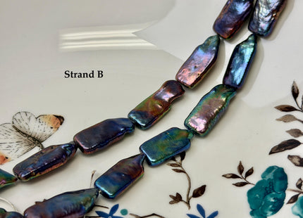 9-10x16-24mm AAA Rainbow Peacock Color Rectangle Coin Freshwater Pearls Rare High Luster Pearls 9-11 Beads 7.5 Inches #P1925