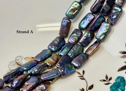 9-10x16-24mm AAA Rainbow Peacock Color Rectangle Coin Freshwater Pearls Rare High Luster Pearls 9-11 Beads 7.5 Inches #P1925