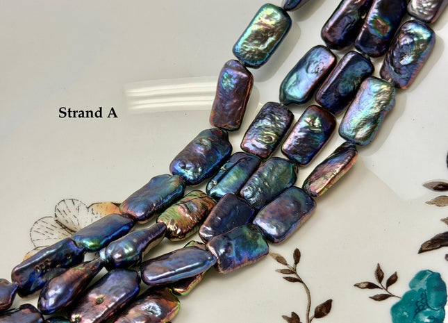9-10x16-24mm AAA Rainbow Peacock Color Rectangle Coin Freshwater Pearls Rare High Luster Pearls 9-11 Beads 7.5 Inches #P1925
