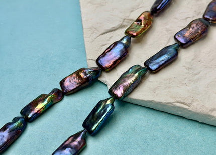 9-10x16-24mm AAA Rainbow Peacock Color Rectangle Coin Freshwater Pearls Rare High Luster Pearls 9-11 Beads 7.5 Inches #P1925