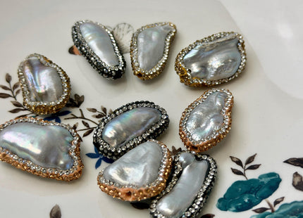 One Piece 13-18x27-36mm Large Hole Gray Biwa Stick Pearl with Pave Hematite Gold Rose Gold Rhinestone/Cubic Zirconia Pearl 2.0mm Hole #P3472