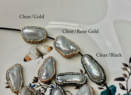 One Piece 13-18x27-36mm Large Hole Gray Biwa Stick Pearl with Pave Hematite Gold Rose Gold Rhinestone/Cubic Zirconia Pearl 2.0mm Hole #P3472
