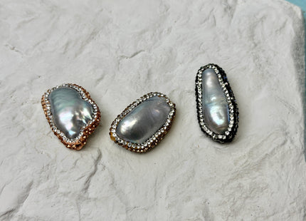 One Piece 13-18x27-36mm Large Hole Gray Biwa Stick Pearl with Pave Hematite Gold Rose Gold Rhinestone/Cubic Zirconia Pearl 2.0mm Hole #P3472