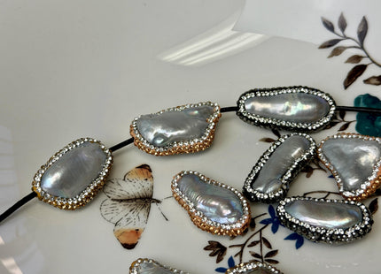 One Piece 13-18x27-36mm Large Hole Gray Biwa Stick Pearl with Pave Hematite Gold Rose Gold Rhinestone/Cubic Zirconia Pearl 2.0mm Hole #P3472