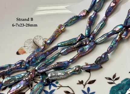 6-9x23-33mm AAA Rainbow Peacock Biwa Keshi Stick Freshwater Pearl Beads Super High Luster Unique Peacock Pearls #P3471
