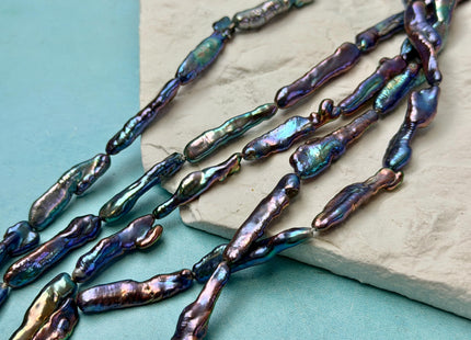 6-9x23-33mm AAA Rainbow Peacock Biwa Keshi Stick Freshwater Pearl Beads Super High Luster Unique Peacock Pearls #P3471