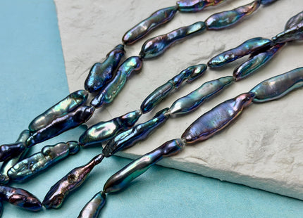 6-9x23-33mm AAA Rainbow Peacock Biwa Keshi Stick Freshwater Pearl Beads Super High Luster Unique Peacock Pearls #P3471