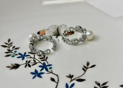 Natural White Freshwater Pearl Ring White 14K Gold Filled Brass Button Pearl Adjustable Dainty Rings With CZ Gemstones #10047-M