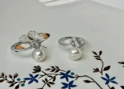 Natural White Freshwater Pearl Ring White 14K Gold Filled Brass Button Pearl Adjustable Dainty Rings With CZ Gemstones #10047-M