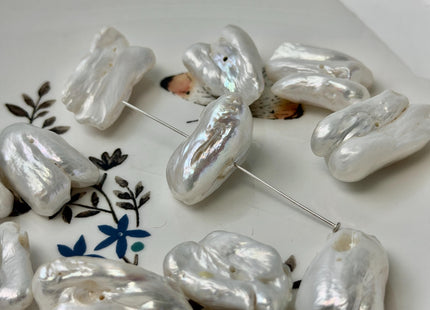 13-15x22-26 mm Natural White Biwa Freshwater Pearl Center Drilled Rare Thick High Luster Biwa Pearl Beads #P3398