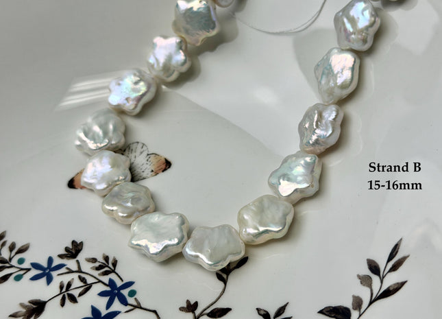 One-Of-A-Kind 14-17mm White Peacock Color Flower Shape Freshwater Coin Pearls High Luster Thick Coin Beads #P3431