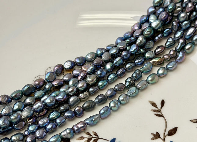 5x6-7mm Blue Peacock Rice Nugget Freshwater Pearl Beads 14 Inch Strand #P3483