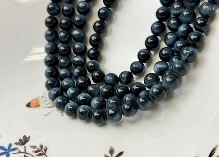 8 mm Smooth Round Blue Gray Tiger Eye Hawk Eye Gemstone Beads 15 Inches 46 Beads #4852