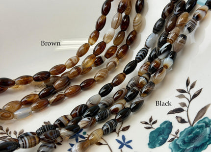 6x12 mm Barrel Shape Smooth Black Brown White Mixed Agate 15 Inches Strand 32 Beads #4828
