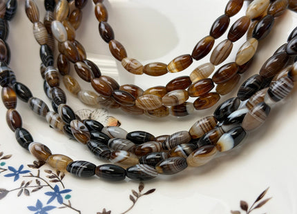 6x12 mm Barrel Shape Smooth Black Brown White Mixed Agate 15 Inches Strand 32 Beads #4828
