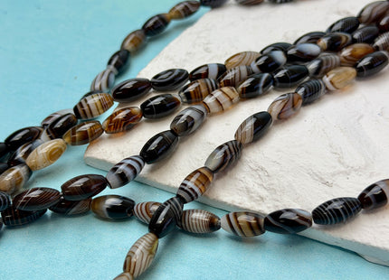 6x12 mm Barrel Shape Smooth Black Brown White Mixed Agate 15 Inches Strand 32 Beads #4828