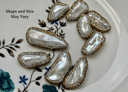 One Piece 14-18x25-43mm Natural White Biwa Stick Pearl with Pave Gold & Clear Rhinestone/Cubic Zirconia Pearl Pendant #361
