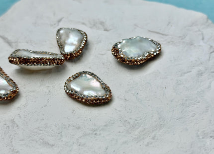 One Piece 14-17x27-34mm Natural White Biwa Stick Pearl with Pave Rose Gold & Clear Rhinestone/Cubic Zircoonia Pearl Pendant #P3451