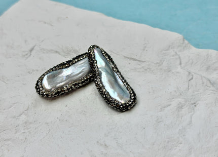 One Piece 14-17x25-37mm Natural White or Gray Biwa Stick Pearl with Pave Hematite Rhinestone/Cubic Zirconia Pearl Pendant #362