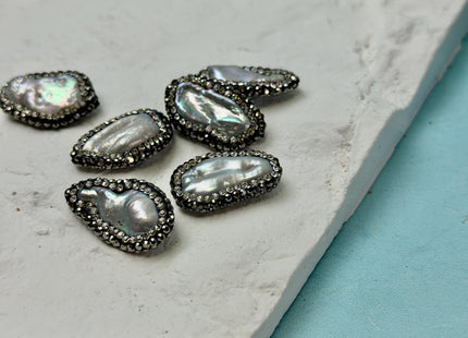 One Piece 14-17x25-37mm Natural White or Gray Biwa Stick Pearl with Pave Hematite Rhinestone/Cubic Zirconia Pearl Pendant #362