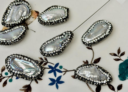 One Piece 14-15x18-24mm Natural White or Gray Biwa Stick Pearl W/ Pave Hematite Rhinestone/Cubic Zirconia Half Drilled Pearl Pendant #P3455