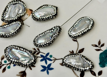 One Piece 14-15x18-24mm Natural White or Gray Biwa Stick Pearl W/ Pave Hematite Rhinestone/Cubic Zirconia Half Drilled Pearl Pendant #P3455