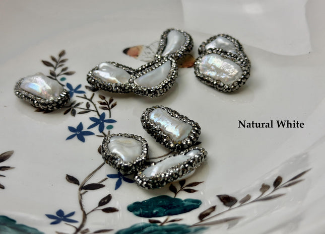 One Piece 14-15x18-24mm Natural White or Gray Biwa Stick Pearl W/ Pave Hematite Rhinestone/Cubic Zirconia Half Drilled Pearl Pendant #P3455