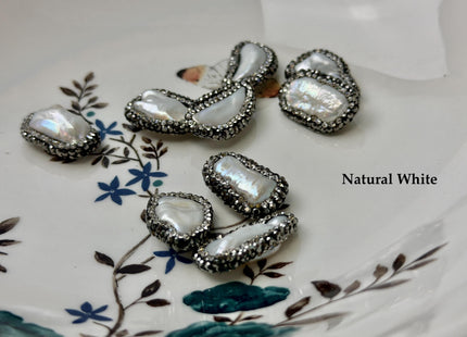 One Piece 14-15x18-24mm Natural White or Gray Biwa Stick Pearl W/ Pave Hematite Rhinestone/Cubic Zirconia Half Drilled Pearl Pendant #P3455