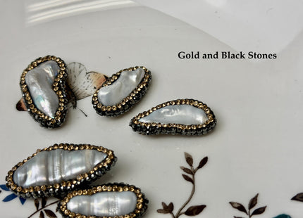 One Piece 12-15x25-31mm Gray Biwa Stick Pearl with Pave Hematite Gold Rhinestone/Cubic Zirconia Pearl Pendant #P3456