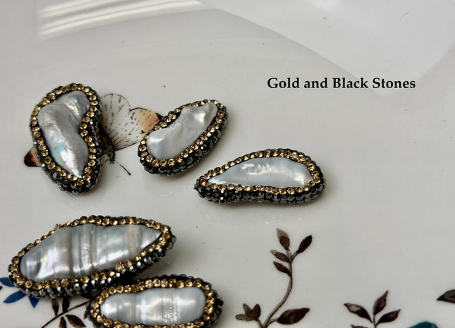 One Piece 12-15x25-31mm Gray Biwa Stick Pearl with Pave Hematite Gold Rhinestone/Cubic Zirconia Pearl Pendant #P3456