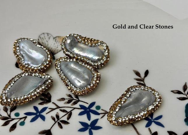 One Piece 12-15x25-31mm Gray Biwa Stick Pearl with Pave Hematite Gold Rhinestone/Cubic Zirconia Pearl Pendant #P3456