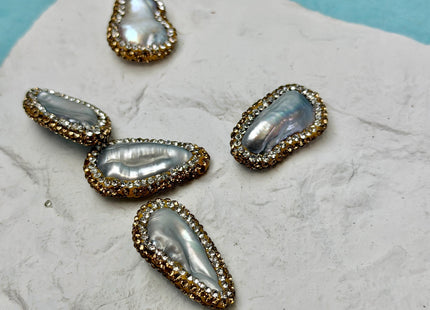 One Piece 14-17x22-29mm Gray Biwa Stick Pearl W/ Pave Gold Rhinestone/Cubic Zirconia Half Drilled Pearl Pendant #P3457