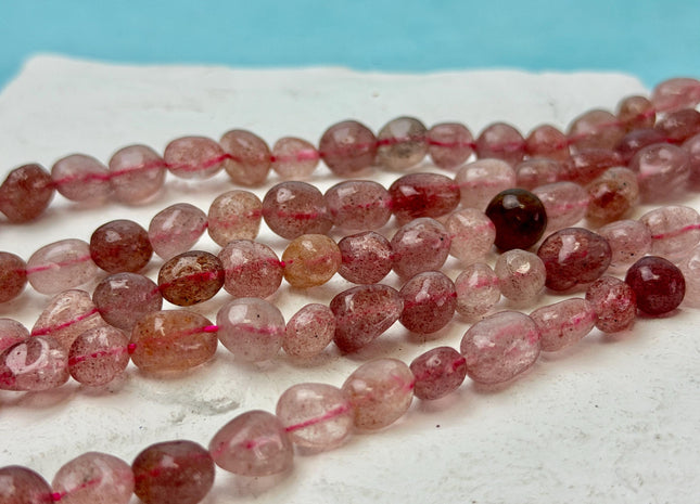 7-8x7-10 mm Pink Strawberry Quartz Pebble Nugget Gemstones 15.5 Inches Strand 47 Beads #4826