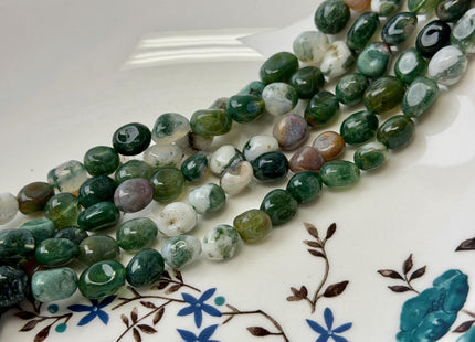 7-8x7-10 mm Green White Brown Moss Agate Pebble Nugget Gemstones 15.5 Inches Strand 42 Beads #4839