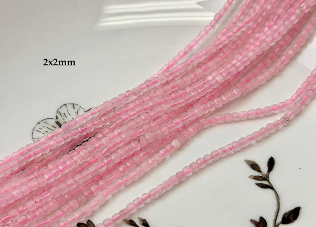 2x2mm 4x4mm Micro Faceted Cube Dice Square Shape Rose Quartz Diamond Cut Pink Gemstone Beads 15 Inches Strand #3563