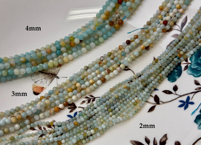 2mm 3mm 4mm Faceted Round Natural Amazonite Gemstone Beads Natural Blue Green Color Tiny Amazonite Beads 15.5 Inches #3677