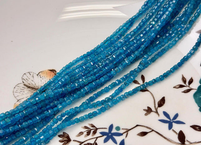 2 mm 3 mm Micro Faceted Cube Dice Square Shape Blue Apatite Tiny Gemstone Beads 15.5 Inches #4526