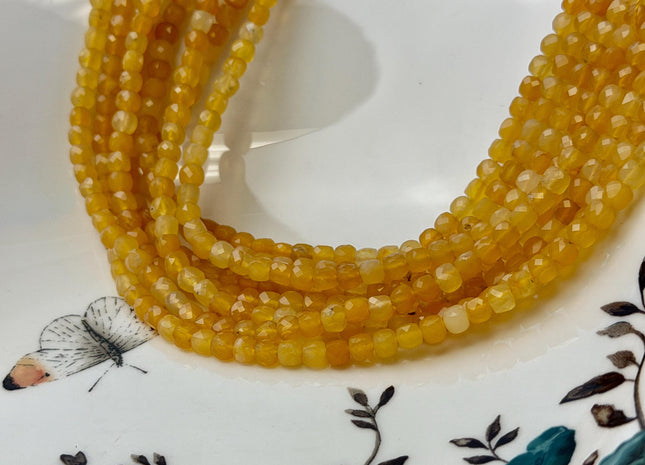 4mm Micro Faceted Cube Dice Square Shape Yellow Jade Gemstone Beads 15 Inches #4850