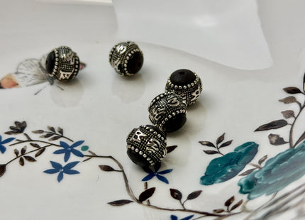 One Piece 10-18mm 925 Sterling Silver Onyx Tibetan Style Silver Spacer Bali Ball Large Hole Antique Beads #10390