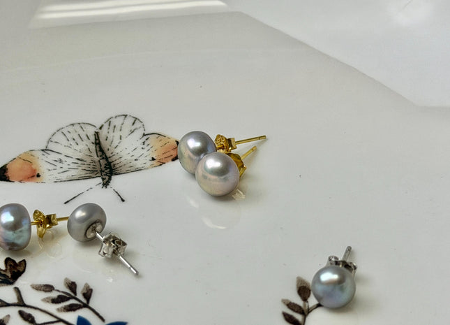 Gray Freshwater Pearl Stud Earring .925 Sterling Silver/Gold Filled Earring 5-10mm Button Round Bridal Earrings #ER0003