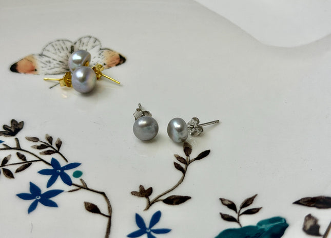 Gray Freshwater Pearl Stud Earring .925 Sterling Silver/Gold Filled Earring 5-10mm Button Round Bridal Earrings #ER0003
