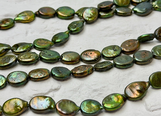 9-10x11-14 mm AA Olive Green Oval Freshwater Coin Pearls High Luster Pearls With Gold Sheen #P3505