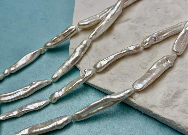 5-8x30-40 mm Natural White Biwa Stick Freshwater Pearls Natural White Long Stick Pearls 12-13 Beads #P3508