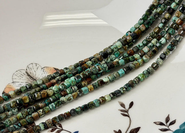 3x3 mm Micro Faceted Cube Dice Square Shape Multi Green Brown Color Africa Turquoise Beads 15.5 Inches 125 Beads #4872