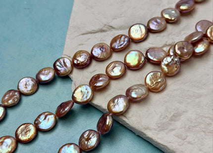 11-12 mm AA Natural Mauve Pink Freshwater Round Coin Pearls With Gold Sheen 31 Beads 15 Inch Strand #P3514