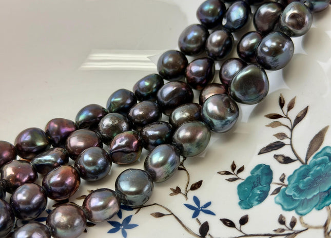 12-15 mm AA Half Strand Dark Peacock Color Rice Nugget Freshwater Pearls High Luster Large 2.2 mm Hole 14 Beads #P3467