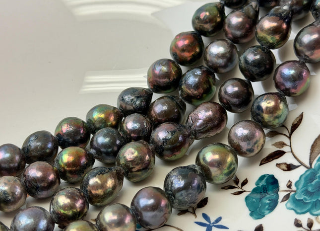 12-15 mm Half Strand Dark Brown Peacock With Gold Sheen Color Baroque Pearls Large 2.2mm Hole High Luster Iridescent Pearls 13 Beads #P3468