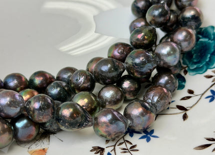 12-15 mm Half Strand Dark Brown Peacock With Gold Sheen Color Baroque Pearls Large 2.2mm Hole High Luster Iridescent Pearls 13 Beads #P3468